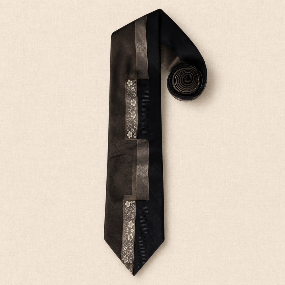 Vintage Gasparo 100 Silk Necktie Floral Color Block Black Brown Handmade 59x3.25